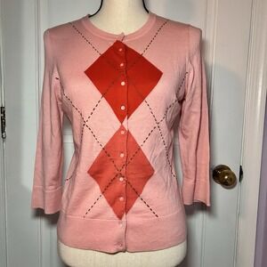 Y2K Express Sweater Womens Medium Pink Red Argyle Cardigan Cashmere Sweater